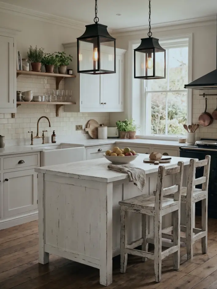 Farmhouse Kitchen Design Ideas: 36 Ways to Get the Look 25 Cottage farmhouse kitchen with a distressed whitewashed reclaimed-wood island, worn stools, cream cabinets, and black lantern pendants