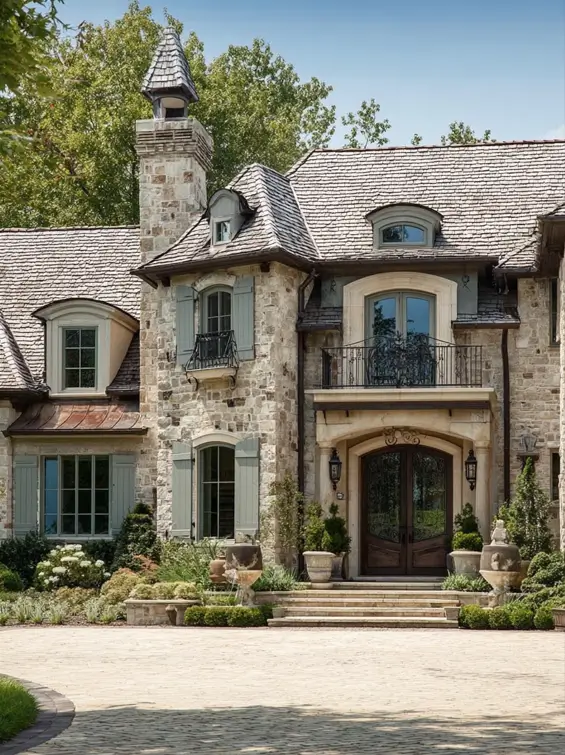 French Country House Style: An Architect's Guide to the Exterior Look 25 French Country House Design manor with a capped stone chimney turret, arched dormers, and iron balconies