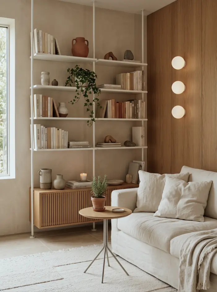 Japandi Style Living Room: Where Japanese Calm Meets Scandinavian Warmth 25 Japandi living room with floor-to-ceiling pole shelving, a slatted oak sideboard, linen sofa, and globe wall lights