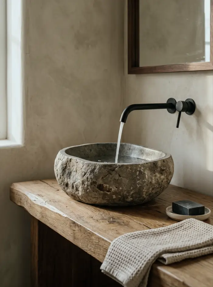 38 Japandi Style Bathroom Ideas for a Quietly Beautiful Space 25 Japandi style bathroom with a carved river-boulder basin, reclaimed timber shelf, and a matte black tap