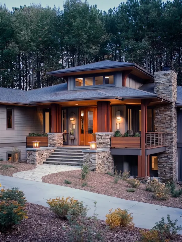 Prairie House Style: Key Features, History, and What Makes These Homes So Timeless 25 Prairie style ranch house exterior with low hipped roofs, clerestory dormer, and stone piers at dusk