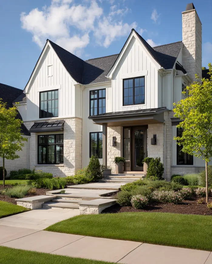 White Farmhouse with Stone Exterior: 29 Ideas That Feel Warm, Not Cold 25 Cream limestone farmhouse exterior with a taupe entry canopy and black-framed windows