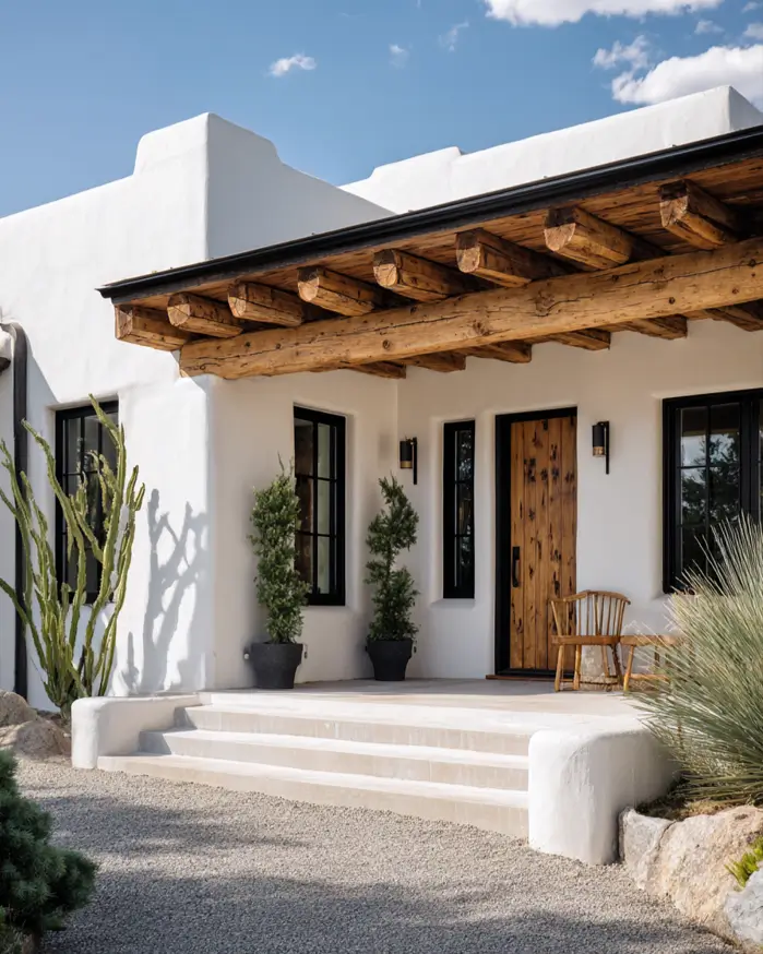 47 White Houses With Black Trim and Wood Accents We Love 25 Hand-peeled log portal beams over the entry of a white adobe house with black windows