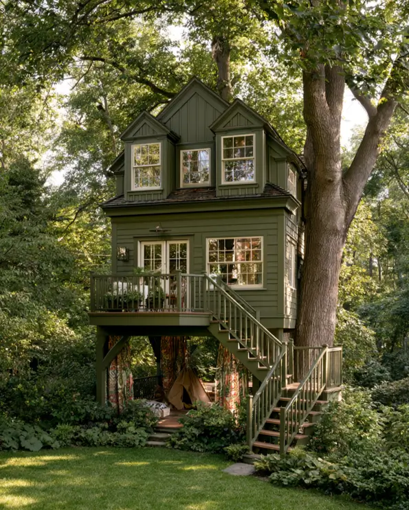 55 Treehouse Design Ideas, From Backyard Platforms to Canopy Cabins 26 Backyard treehouse ideas for kids with olive green siding, dormer windows and a curtained play space under the platform