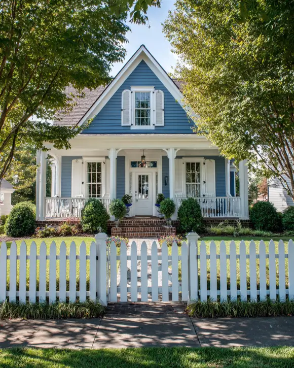 33 Blue and White Cottage Ideas That Always Feel Fresh 26 blue and white cottage exterior with medium-blue lap siding, white porch, white shutters, and a white picket fence