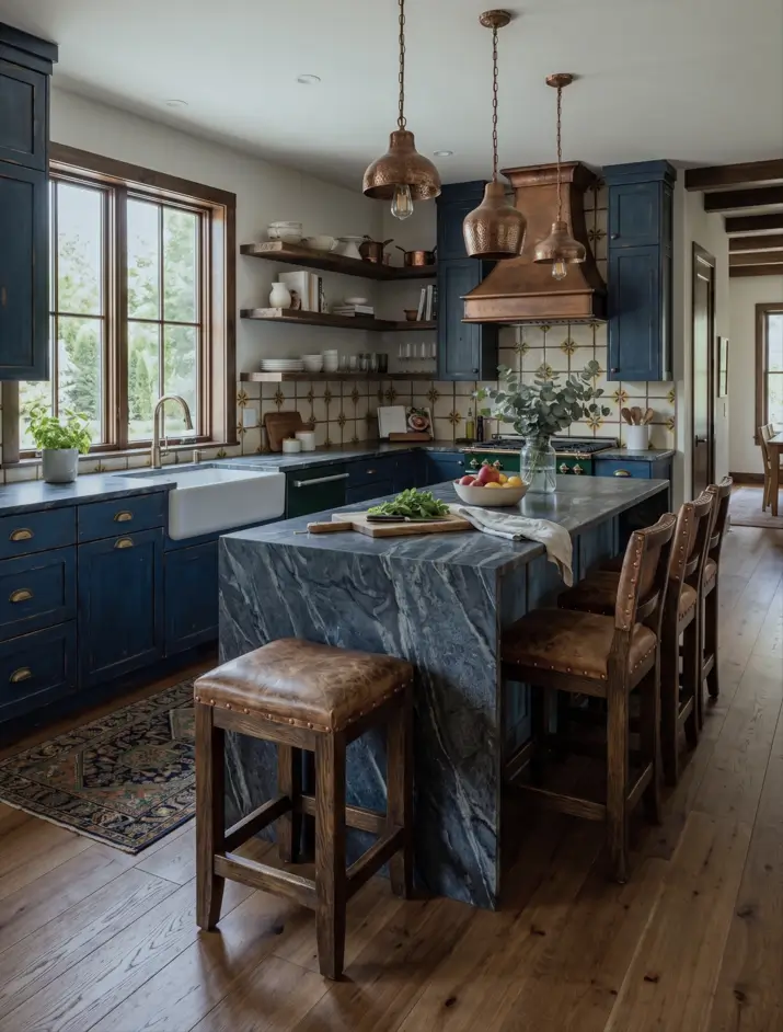 Farmhouse Kitchen Design Ideas: 36 Ways to Get the Look 26 Rustic farmhouse kitchen with a hammered copper range hood, copper pendants, distressed blue cabinets, and Spanish patterned tile