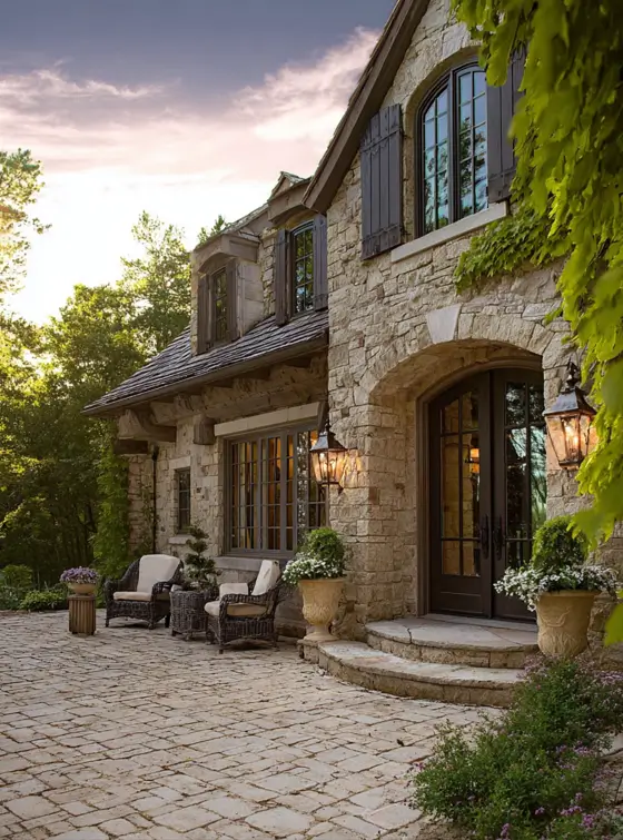 French Country House Style: An Architect's Guide to the Exterior Look 26 French Country House Style home with warm honey limestone, arched French doors, and glowing iron lanterns