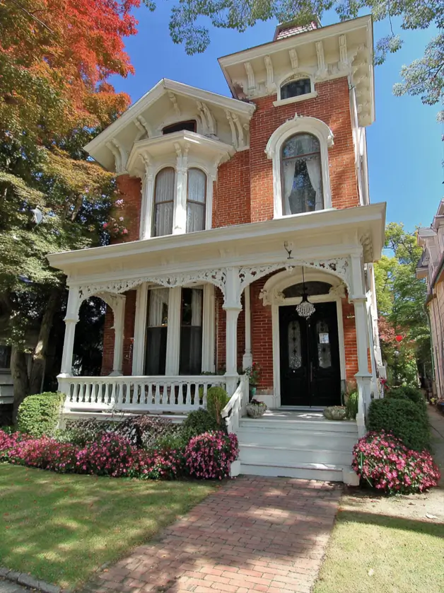 Italianate Style House: 33 Ideas and the Details That Give One Away 26 Red brick Italianate style house with a stepped front, a gabled bay and a low corner tower