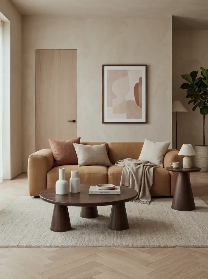 Japandi Style Living Room: Where Japanese Calm Meets Scandinavian Warmth 26 Warm Japandi living room with a herringbone oak floor, tan linen sofa, walnut coffee table, and abstract art