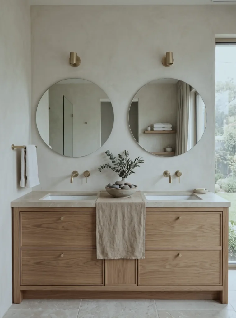 38 Japandi Style Bathroom Ideas for a Quietly Beautiful Space 26 Japandi style bathroom with an oak double vanity, twin round mirrors, and a honed limestone counter