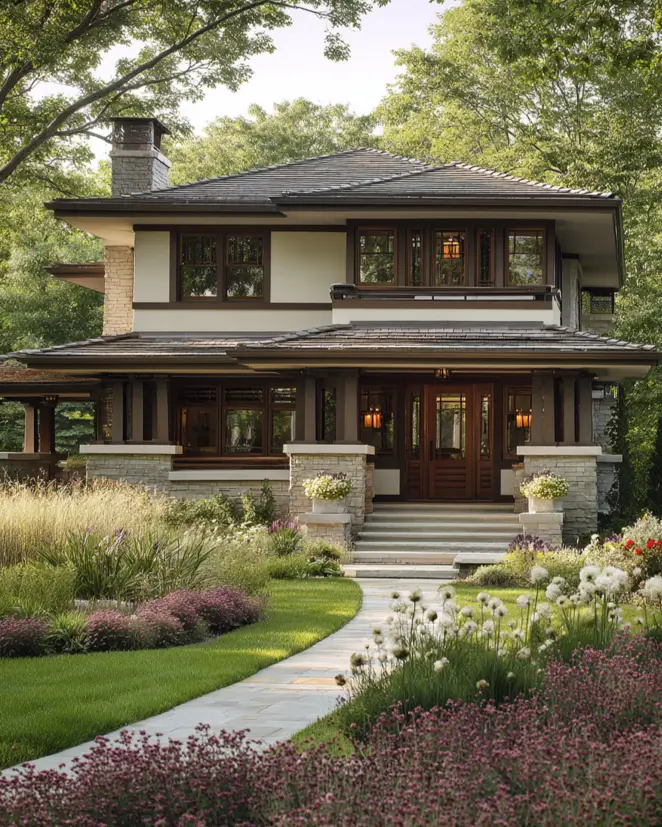 Prairie House Style: Key Features, History, and What Makes These Homes So Timeless 26 Prairie house style home with native prairie garden of grasses and wildflowers along the front path