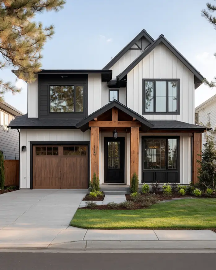 47 White Houses With Black Trim and Wood Accents We Love 26 Cedar entry timbers paired with a darker walnut garage door on a white farmhouse