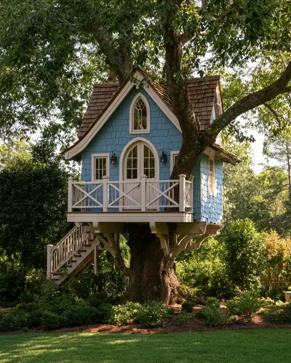 55 Treehouse Design Ideas, From Backyard Platforms to Canopy Cabins 27 Backyard treehouse ideas for kids with blue shingle siding, white trim, an arched door and timber knee braces