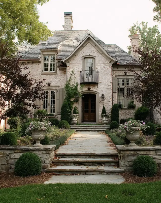 French Country House Style: An Architect's Guide to the Exterior Look 27 French Country House Style whitewashed brick home with a formal boxwood parterre and stone urns
