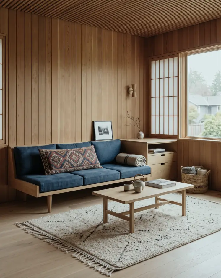 Japandi Style Living Room: Where Japanese Calm Meets Scandinavian Warmth 27 Wood-clad Japandi living room with an oak daybed, indigo cushions, kilim pillow, and shoji-screen window