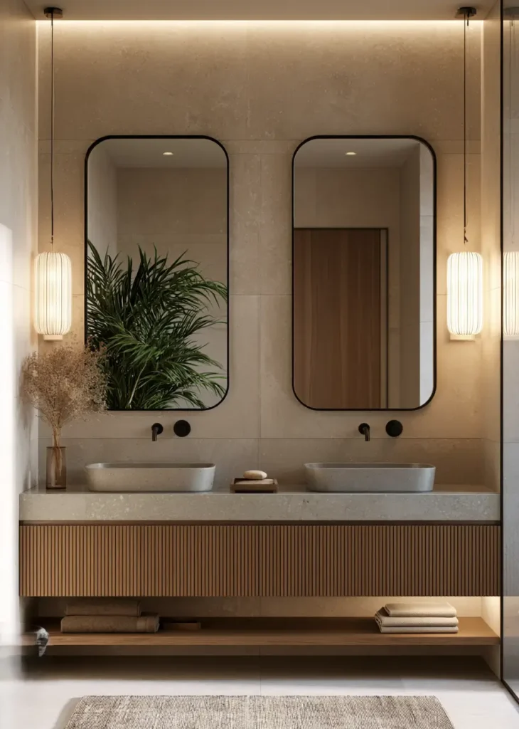 38 Japandi Style Bathroom Ideas for a Quietly Beautiful Space 27 Japandi style bathroom with two stone basins, tall rounded mirrors, and a fluted walnut vanity