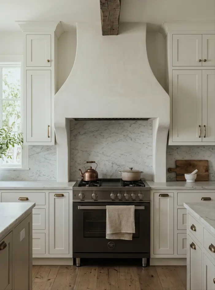 Farmhouse Kitchen Design Ideas: 36 Ways to Get the Look 27 European farmhouse kitchen with a curved plaster range hood, cream shaker cabinets, marble backsplash, and aged brass hardware