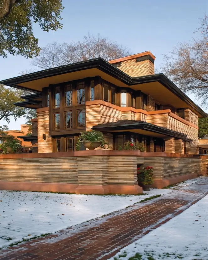 Prairie House Style: Key Features, History, and What Makes These Homes So Timeless 27 Prairie house style striped brick exterior with salmon cast stone trim and cantilevered flat roof in winter