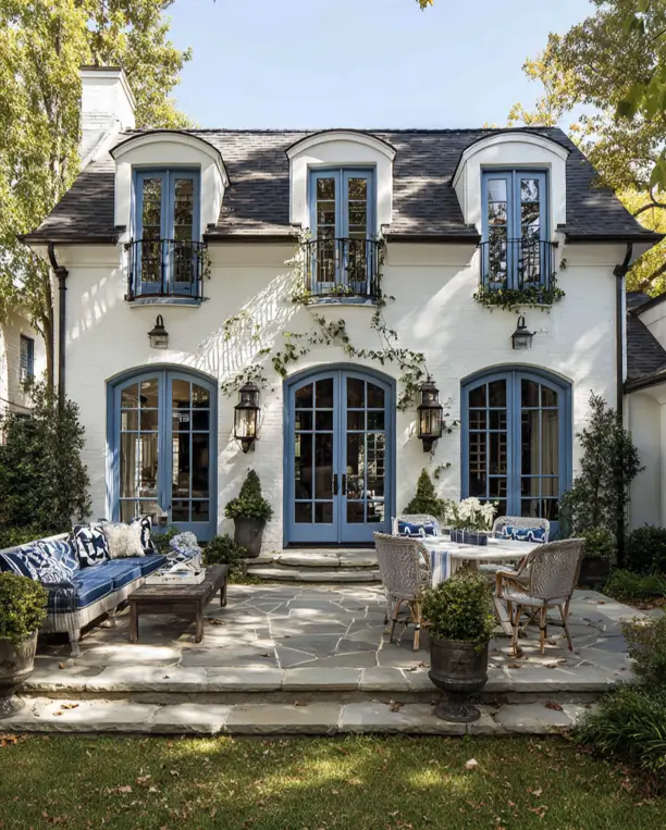 33 Blue and White Cottage Ideas That Always Feel Fresh 27 white and blue cottage exterior with white brick, soft blue arched French doors, dormer windows, and blue-and-white patio seating