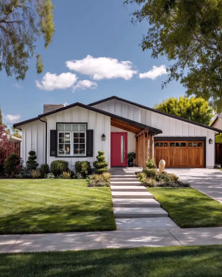 47 White Houses With Black Trim and Wood Accents We Love 27 White house with black trim and wood accents including a cedar garage door and timber entry posts