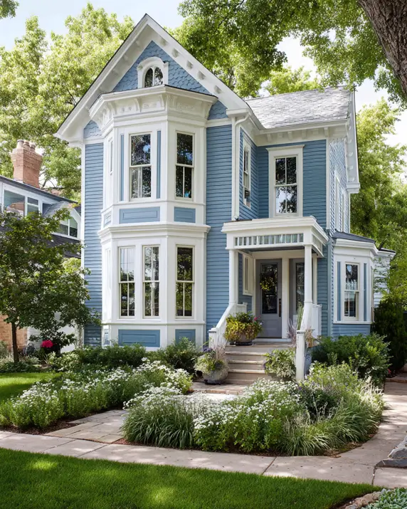 33 Blue and White Cottage Ideas That Always Feel Fresh 28 blue and white cottage exterior with mid-blue lap siding, white Victorian trim, stacked bay windows, and a white cottage garden