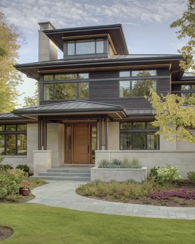 Prairie House Style: Key Features, History, and What Makes These Homes So Timeless 28 Contemporary Prairie style house with dark cedar upper story, limestone base, and lighted eaves at dusk
