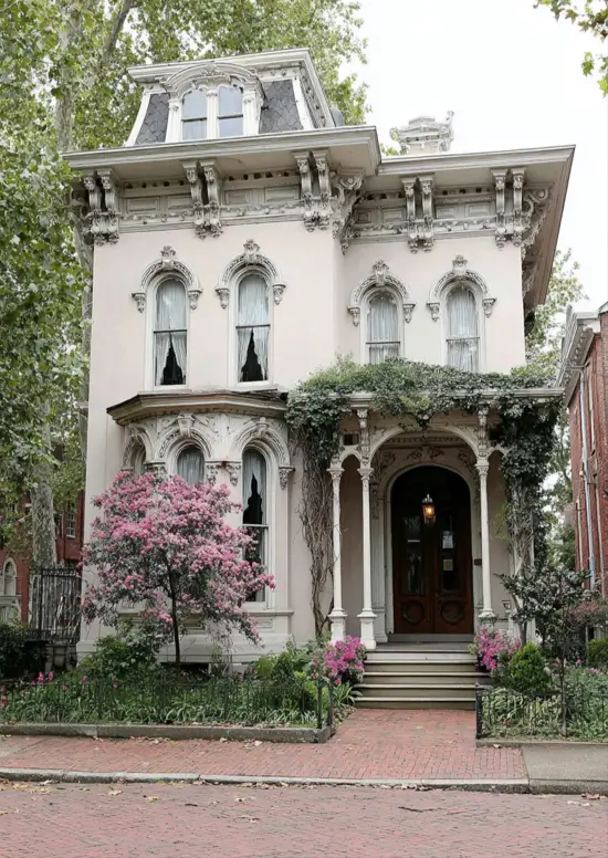 Italianate Style House: 33 Ideas and the Details That Give One Away 28 Pale pink Italianate style townhouse with heavy scroll brackets, hooded windows and a mansard top floor