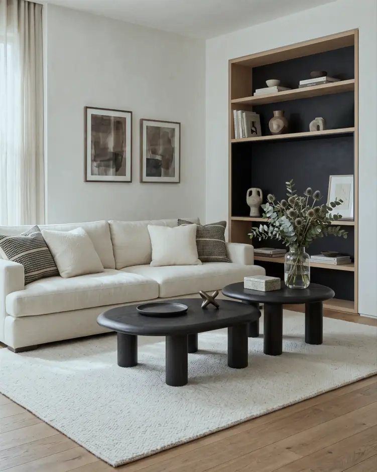 Japandi Style Living Room: Where Japanese Calm Meets Scandinavian Warmth 28 Japandi living room with dark-backed oak shelving, a cream sofa, black nesting tables, and wool rug