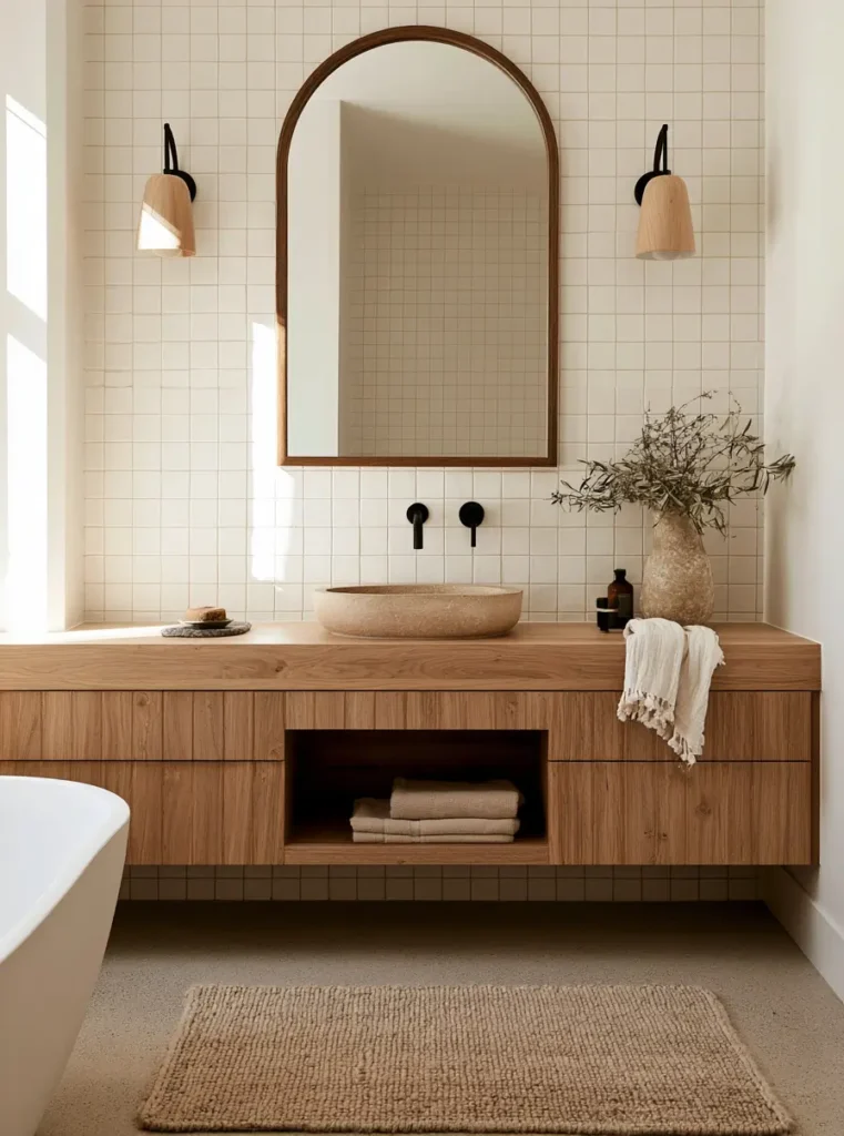 38 Japandi Style Bathroom Ideas for a Quietly Beautiful Space 28 Japandi style bathroom with cream grid tile walls, an arched oak mirror, and a stone vessel basin