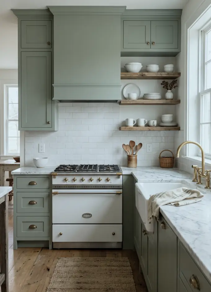 Farmhouse Kitchen Design Ideas: 36 Ways to Get the Look 28 Sage green farmhouse kitchen with shaker cabinets, aged brass hardware, a cream range, and reclaimed wood open shelving