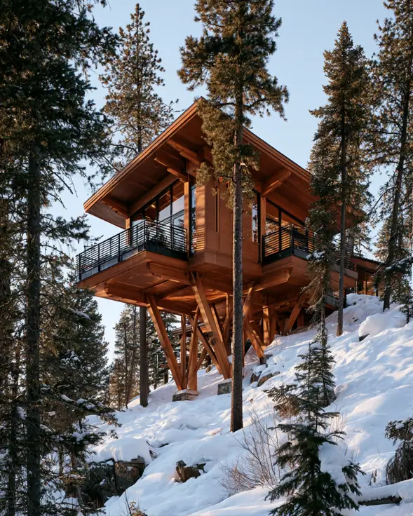 55 Treehouse Design Ideas, From Backyard Platforms to Canopy Cabins 28 Small treehouse ideas shown in a timber cabin raised on heavy post-and-brace supports above a snowy hillside