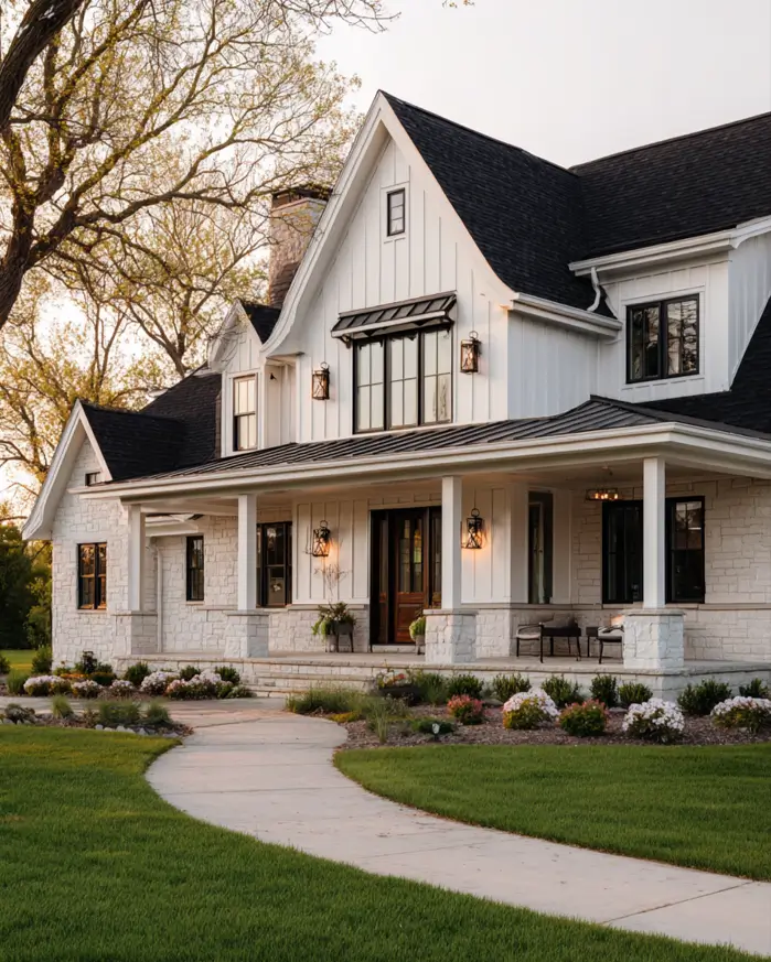 White Farmhouse with Stone Exterior: 29 Ideas That Feel Warm, Not Cold 28 White farmhouse with stone exterior painted white stone lower story under a black shingle roof