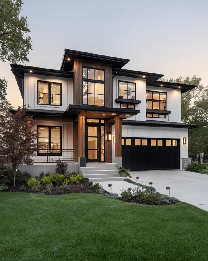 47 White Houses With Black Trim and Wood Accents We Love 28 Two-story smoked walnut column splitting the white wings of a modern facade
