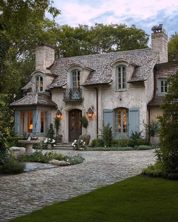 French Country House Style: An Architect's Guide to the Exterior Look 29 French Country House Style home with a stone garden fountain, weathered stucco, and glowing iron lanterns