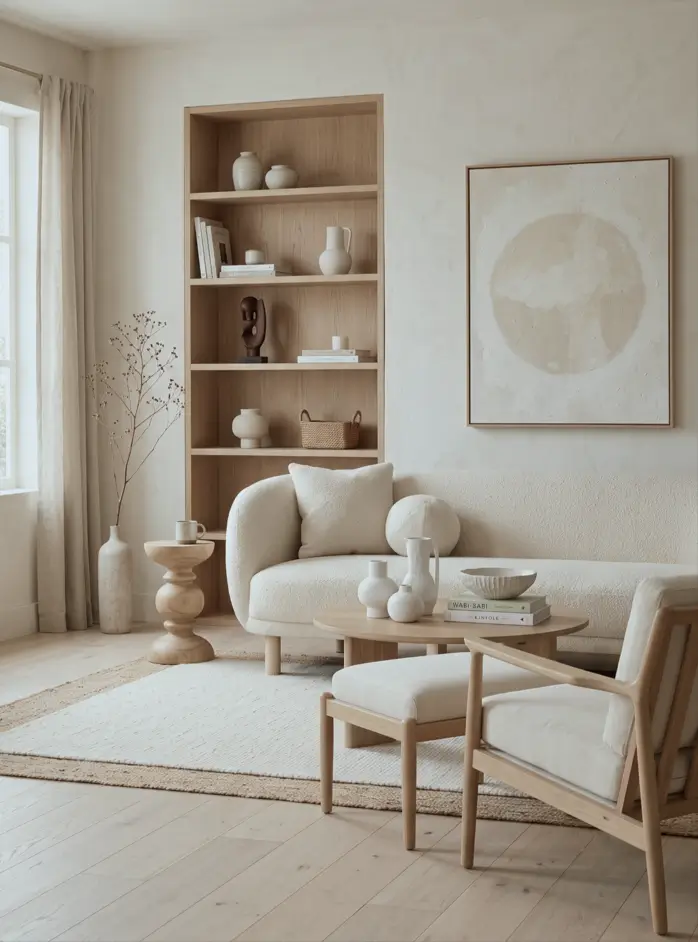 Japandi Style Living Room: Where Japanese Calm Meets Scandinavian Warmth 29 Tonal cream Japandi living room with a bouclé sofa, oak shelving, round coffee table, and layered rugs