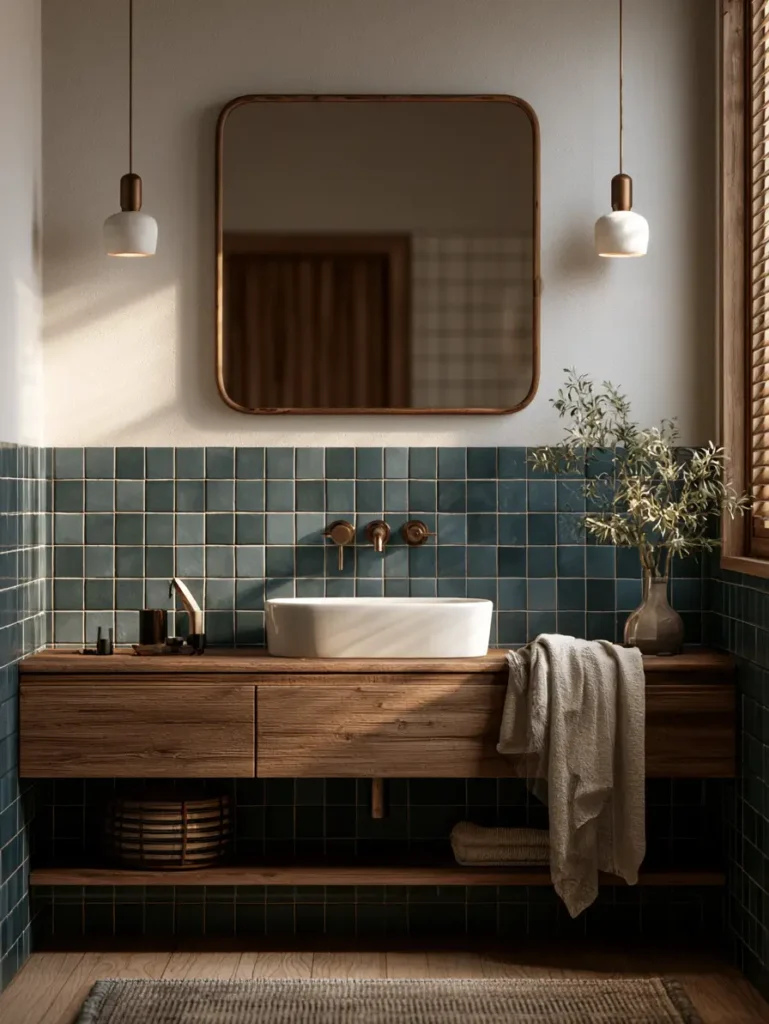 38 Japandi Style Bathroom Ideas for a Quietly Beautiful Space 29 Japandi style bathroom with a teal handmade tile wainscot, reclaimed timber vanity, and aged brass tap