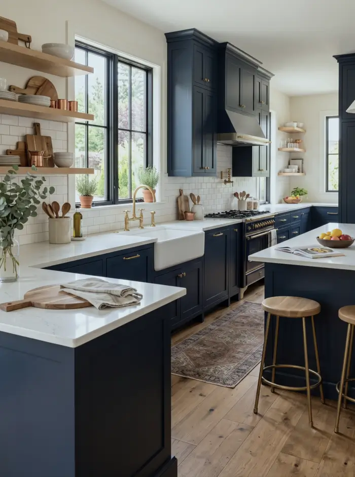 Farmhouse Kitchen Design Ideas: 36 Ways to Get the Look 29 Navy blue farmhouse kitchen with full shaker cabinets, aged brass hardware, white quartz counters, and an apron sink