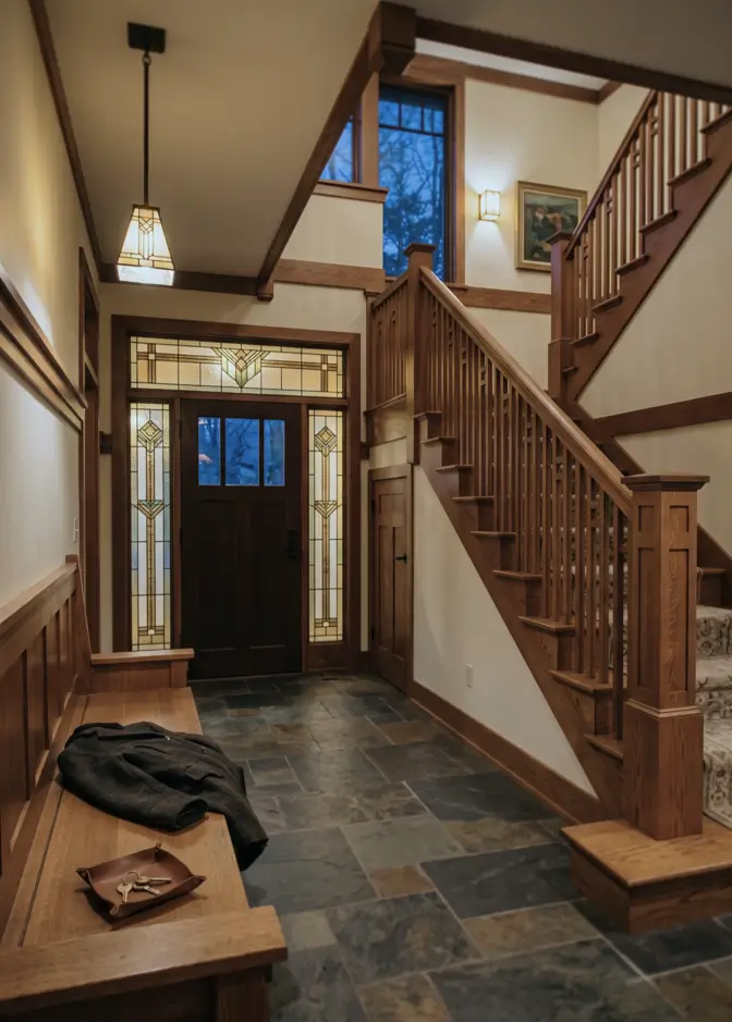 Prairie House Style: Key Features, History, and What Makes These Homes So Timeless 29 Prairie style entry hall with leaded art glass sidelights, quarter-sawn oak staircase, and slate floor