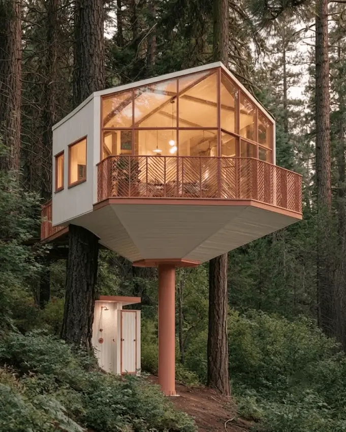 55 Treehouse Design Ideas, From Backyard Platforms to Canopy Cabins 29 Treehouse design ideas without a tree, with a glazed gable cabin balanced on one steel column among tall pines