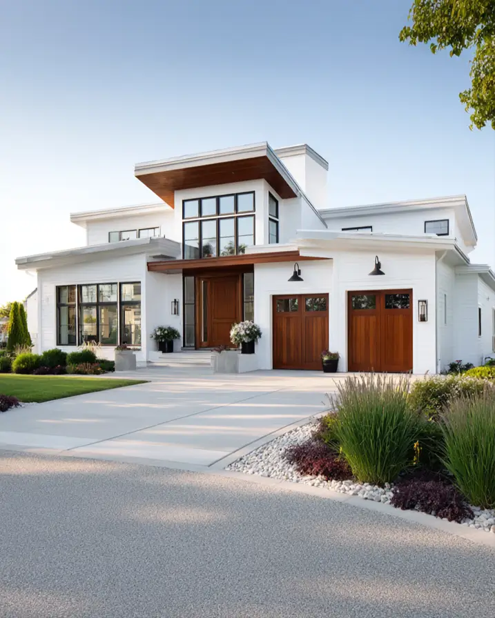 47 White Houses With Black Trim and Wood Accents We Love 29 Matching mahogany carriage garage doors and front door on a white house
