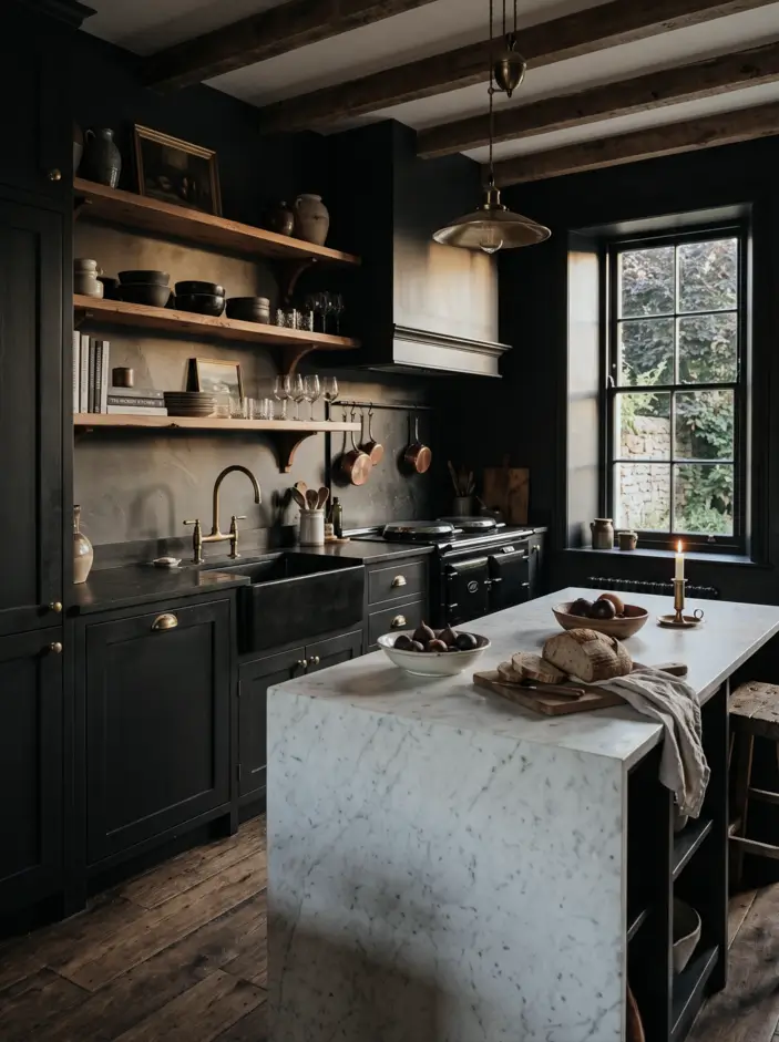 Farmhouse Kitchen Design Ideas: 36 Ways to Get the Look 30 Moody black farmhouse kitchen with charcoal shaker cabinets, brass hardware, copper pots, a black range, and a marble island