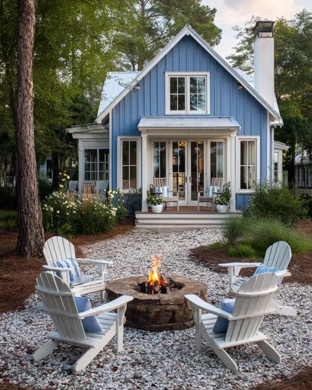 33 Blue and White Cottage Ideas That Always Feel Fresh 30 blue and white cottage exterior with cornflower-blue board-and-batten siding, white trim, brick chimney, and a fire pit ringed by white Adirondack chairs
