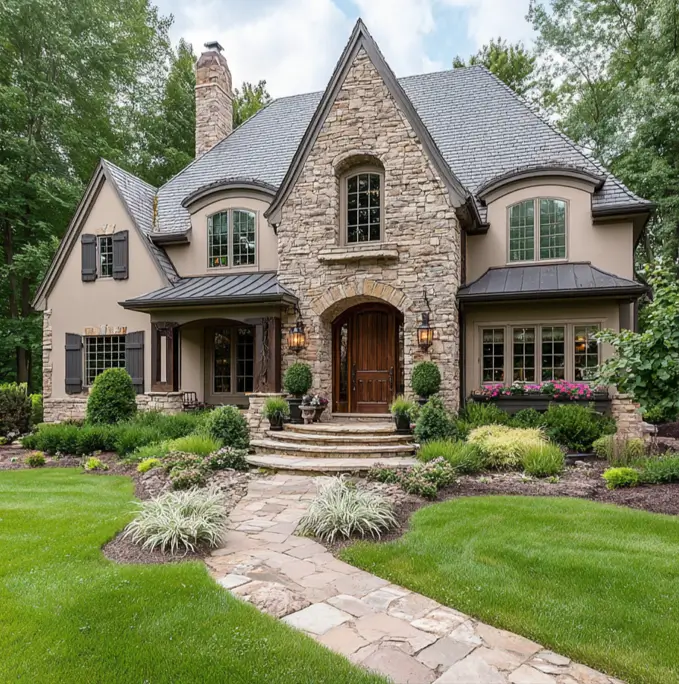 French Country House Style: An Architect's Guide to the Exterior Look 30 French Country House Style stone and stucco home with overflowing window boxes and an arched stone entry