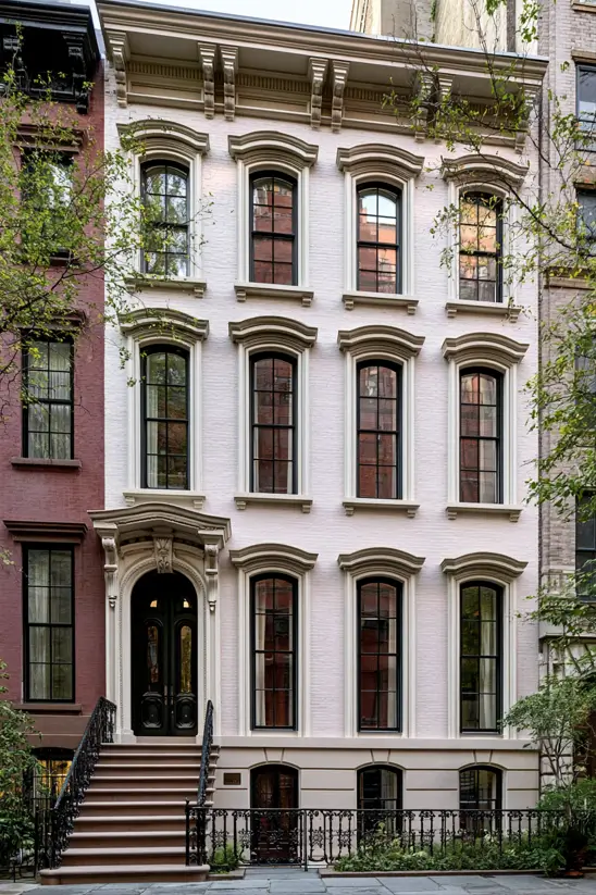 Italianate Style House: 33 Ideas and the Details That Give One Away 30 Blush painted brick Italianate style townhouse with bracketed window hoods, molded sills and an iron stoop