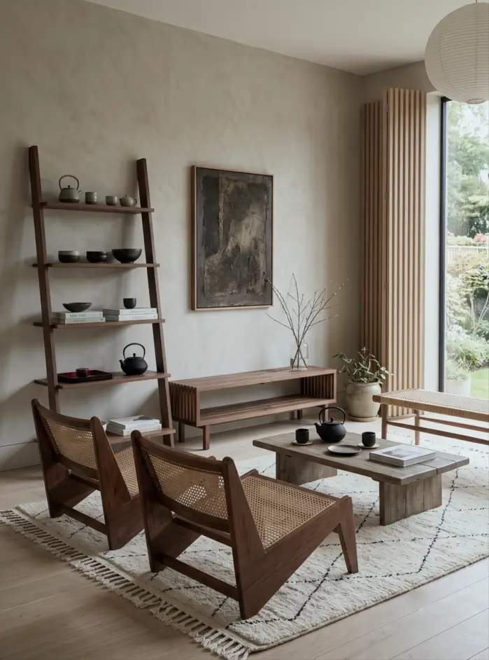 Japandi Style Living Room: Where Japanese Calm Meets Scandinavian Warmth 30 Japandi living room with cane lounge chairs, a rustic tea table, cast-iron teapot, ladder shelf, and Berber rug