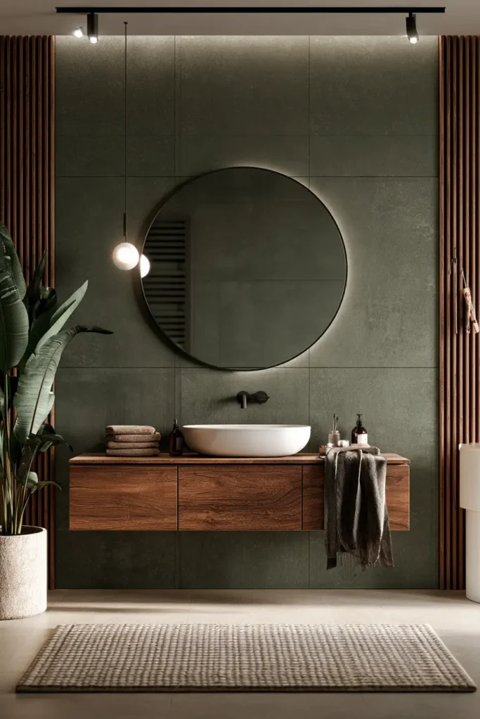 38 Japandi Style Bathroom Ideas for a Quietly Beautiful Space 30 Japandi style bathroom with an olive-green stone wall, walnut vanity, oak slat panels, and a round mirror