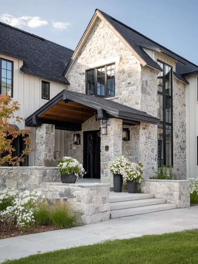 White Farmhouse with Stone Exterior: 29 Ideas That Feel Warm, Not Cold 30 Stone entry tower with a cedar porch ceiling and stone planter walls on a white farmhouse