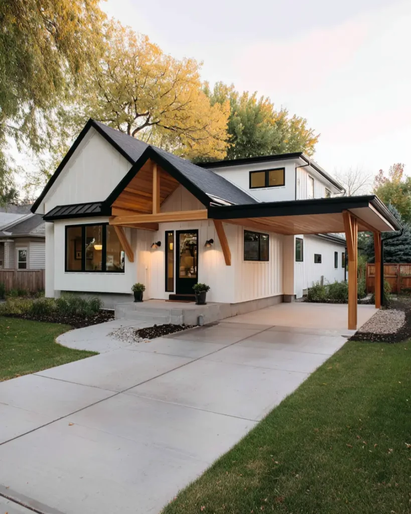 47 White Houses With Black Trim and Wood Accents We Love 30 Timber-framed carport with curved braces beside a white farmhouse entry gable