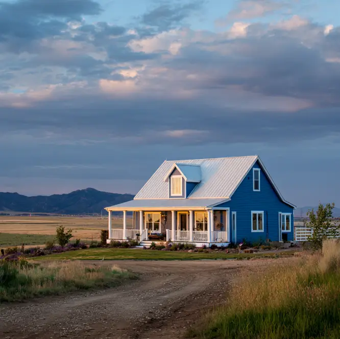 33 Blue and White Cottage Ideas That Always Feel Fresh 31 blue and white cottage exterior with bright blue lap siding, white wraparound porch, metal roof, and mountains on the open prairie