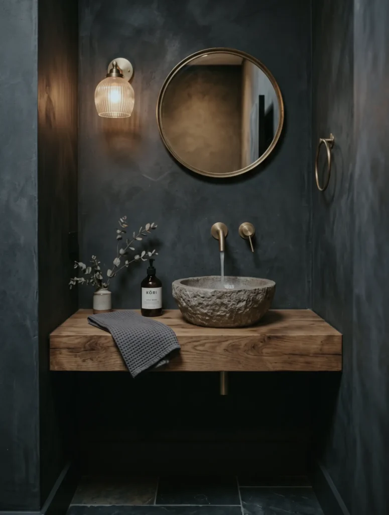 38 Japandi Style Bathroom Ideas for a Quietly Beautiful Space 31 Dark Japandi style bathroom with charcoal plaster walls, a carved stone basin, and a reclaimed oak shelf